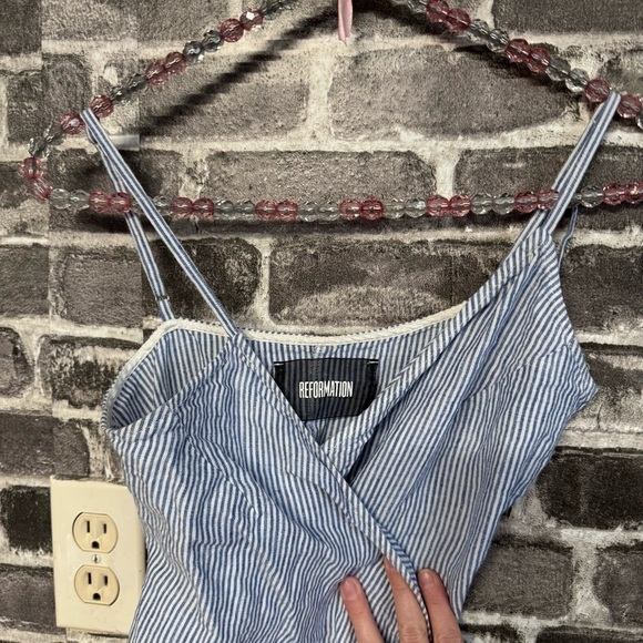 Reformation Angela Linen Wrap Cami Mini Dress Blue Striped Bow Tie - Picture 3 of 11